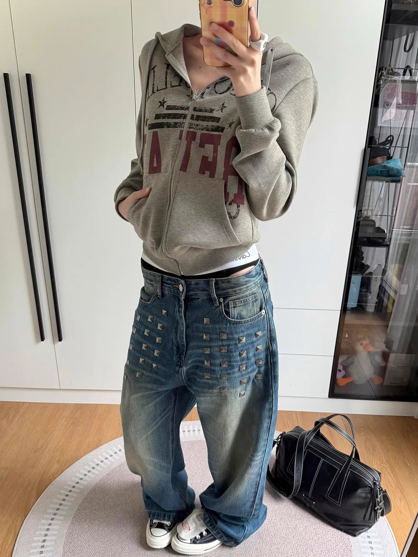 Retro American Washed Square Rivet Straight Leg Jeans Unisex Vintage  Drag Casual Loose Fit Jeans Cotton Polyester Blend