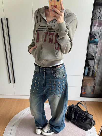 Retro American Washed Square Rivet Straight Leg Jeans Unisex Vintage  Drag Casual Loose Fit Jeans Cotton Polyester Blend