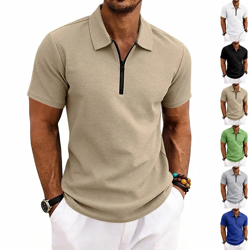 Men's Zip Polo Shirt Short Sleeve Waffle Textured Casual Top 2026