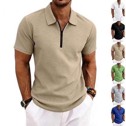 Men's Zip Polo Shirt Short Sleeve Waffle Textured Casual Top 2026