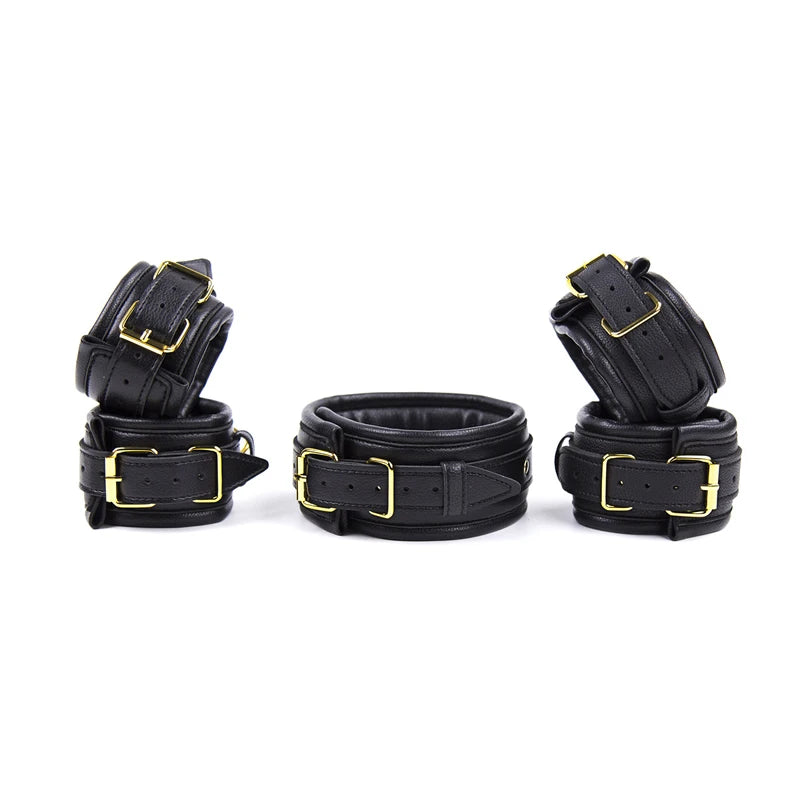 3pcs Bdsm Bondage Set Sex Slave Collar Bdsm Leather Handcuffs Sexy Ankle cuffs Sex Bondage Couple Sex Toys for Womans