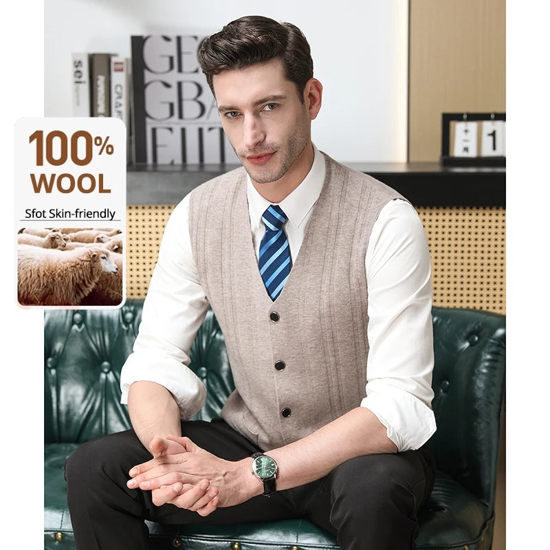 High End 100% Wool New Autum Winter Fashion Brand Knit Cardigan Slim Fit Sweater Vest V-neck Sleeveless Casual Mens Clothing