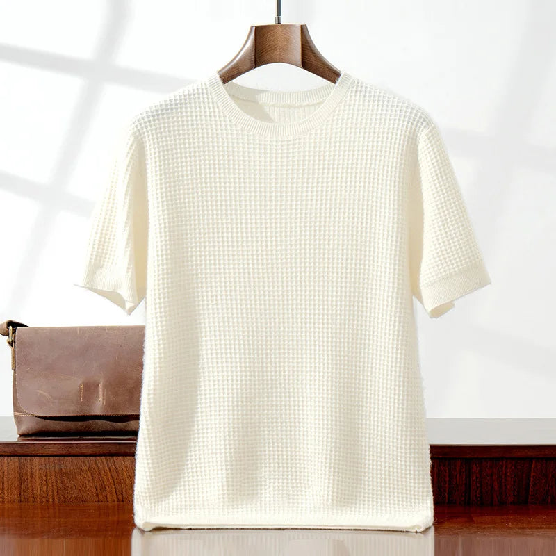 Men's 100% Cashmere Waffle Knit Round Neck Short Sleeve T-Shirt Casual Loose Pullover Vest New Autumn And Winter Sweaters Vesr