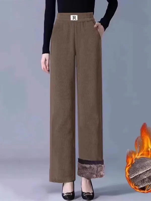 High Waist Fleece Lined Thick Wide Leg Casual Pants for Women Autumn Winter Straight Cut Versatile Comfortable Cotton Trousers