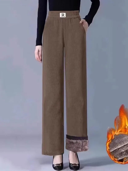High Waist Fleece Lined Thick Wide Leg Casual Pants for Women Autumn Winter Straight Cut Versatile Comfortable Cotton Trousers