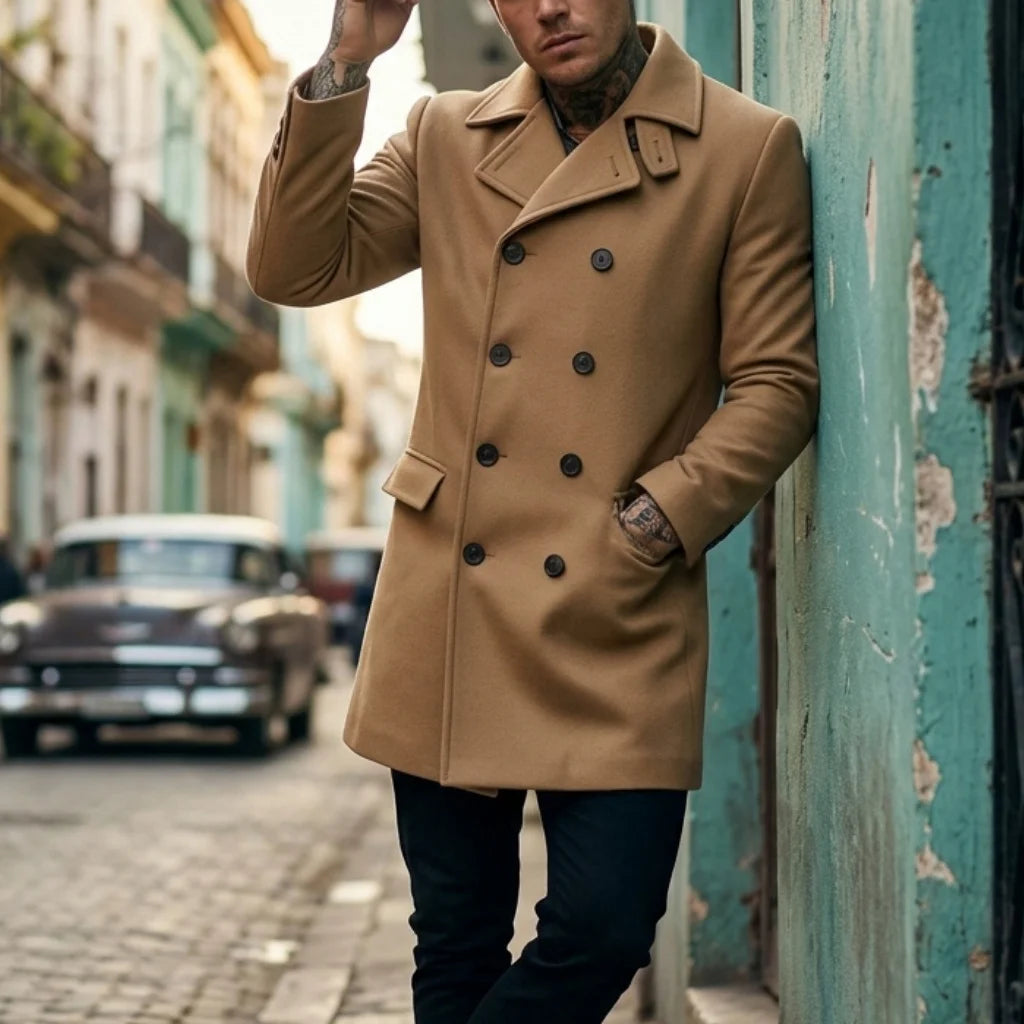 New Winter Men's Wool Blends Double-Breasted Knee-Length Trench Coat - Windproof Casual Street Long-Length Outerwear for Men