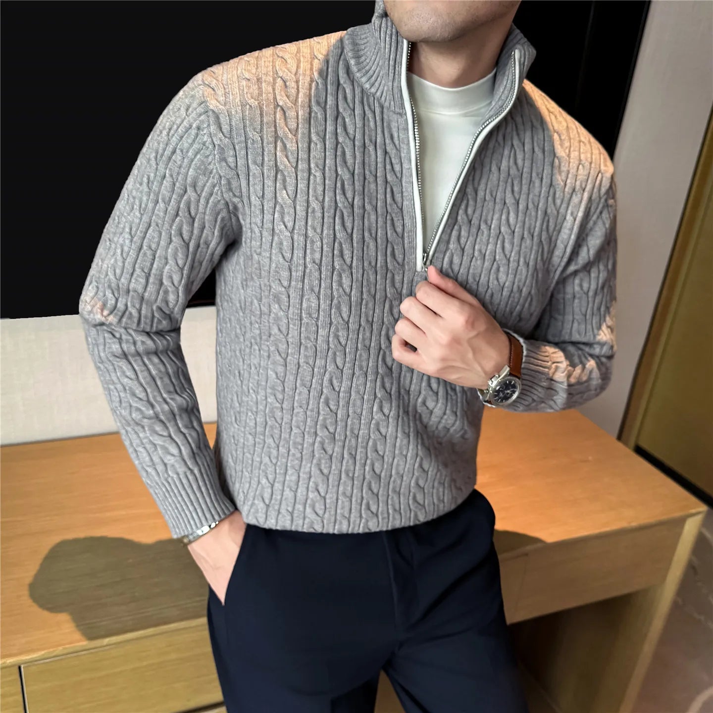 Men's Wool Quarter-Zip Sweater, All Day Warm Cable Knit, Old Money Style for Smart Casual, Gray and Beige Colors Available