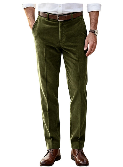 Men's Khaki Corduroy Pants Straight Leg Classic Fit Elastic Waist Comfort Wrinkle Resistant Formal Trousers For Business Office