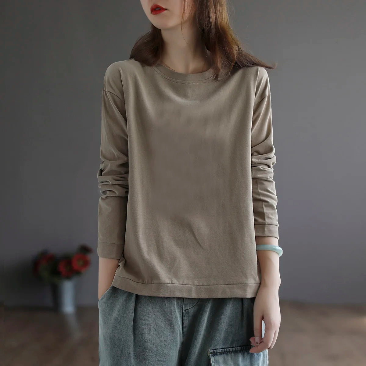 Retro Star Moon Pure Cotton Long Sleeve Pink Anti-Aging T-Shirt Women Loose Fashionable Spring Autumn Ladies Base Shirt Top