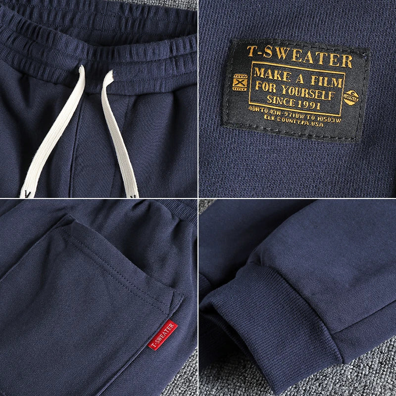 Autumn Winter American Retro Heavyweight Velvet Sweatpants Men's Fashion Pure Cotton Drawstring Sport Casual Ankle-tied Pants