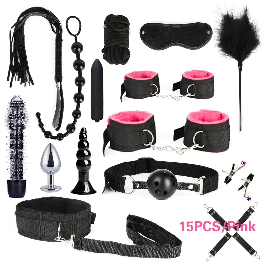 Sex Products Erotic Toys for Adults BDSM Sex Bondage Set Handcuffs Nipple Clamps Gag Whip Rope Sex Toys For Couples