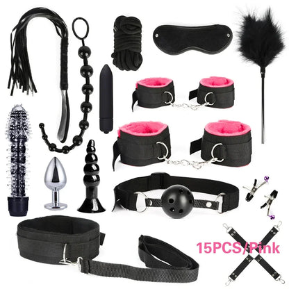 Sex Products Erotic Toys for Adults BDSM Sex Bondage Set Handcuffs Nipple Clamps Gag Whip Rope Sex Toys For Couples