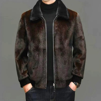 Men's Winter Thick Leather Jacket Mink Fur Coat Zipper Closure Full Skin Design Long Sleeve Regular Fit Outerwear