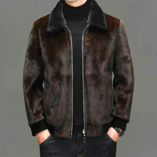 Men's Winter Thick Leather Jacket Mink Fur Coat Zipper Closure Full Skin Design Long Sleeve Regular Fit Outerwear