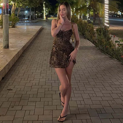 ByeMyLove Leopard Dress Strap Dress Sleeveless Sexy Mini Party Dress Y2K Summer Women Dresses Leopard Print  Slim Laceup Midi