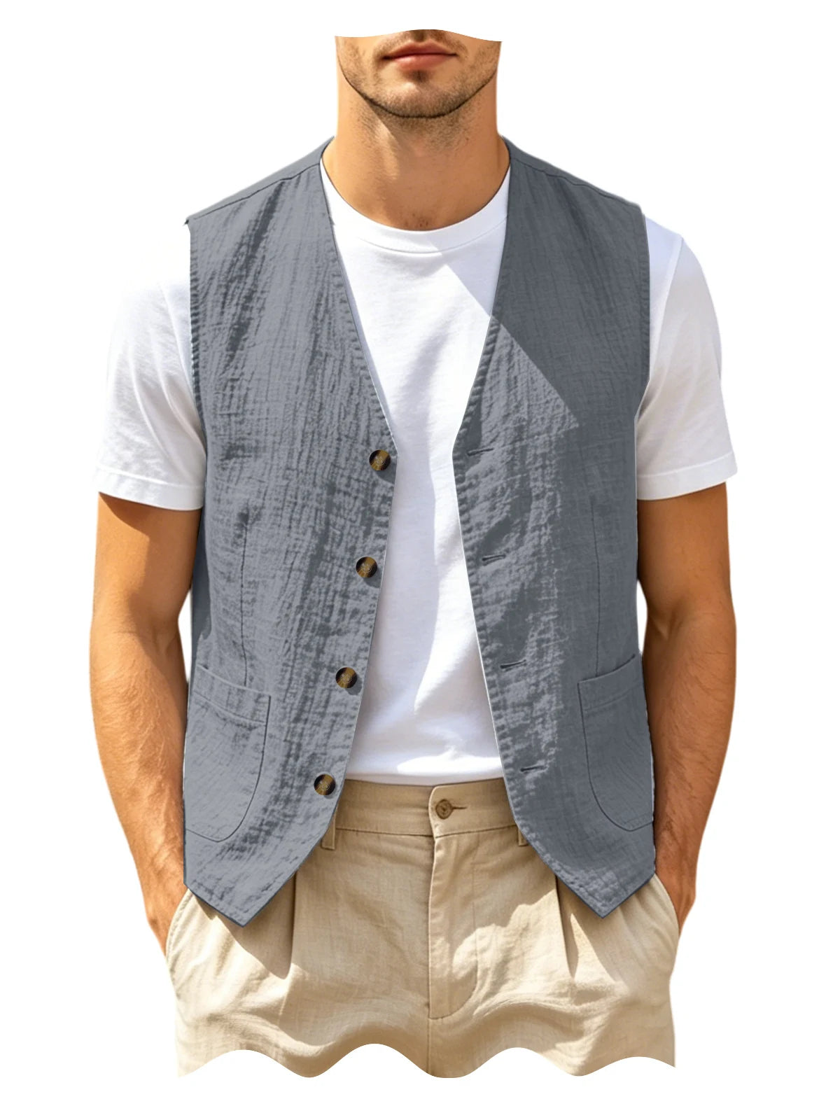 Men's Casual Linen Vest V-Neck Sleeveless Waistcoat Summer Lightweight Breathable Solid Color Button Up Vest For Daily Vacation
