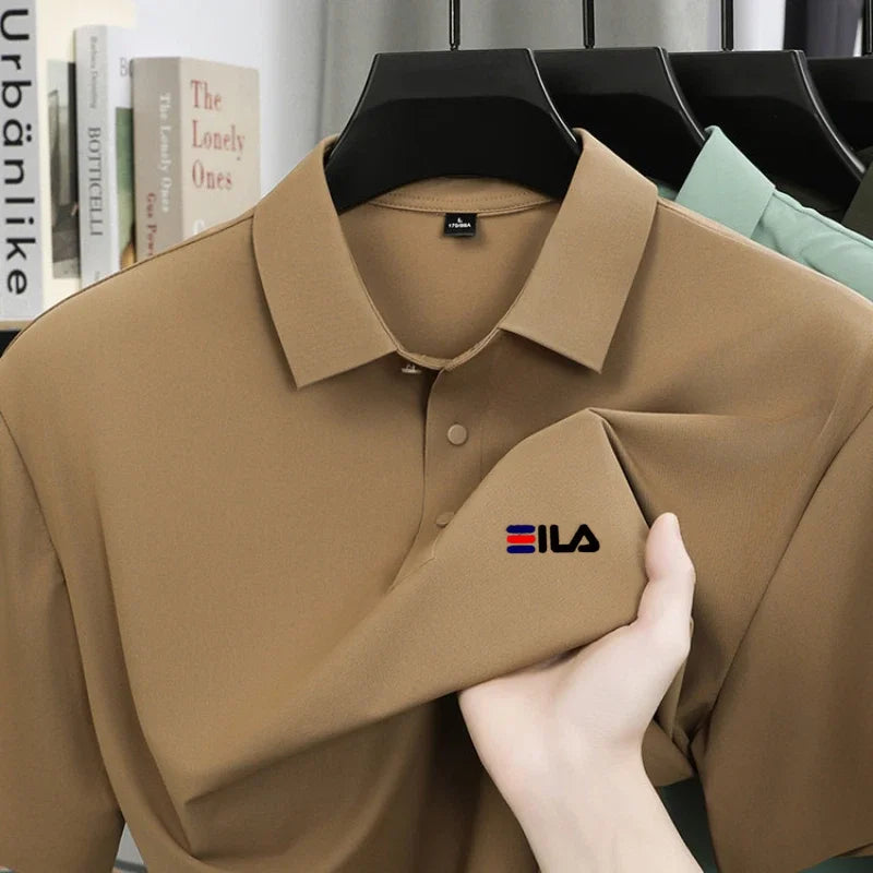 High end ice silk short sleeved men's polo shirt brand printed top summer new comfortable and breathable business casual T-shirt