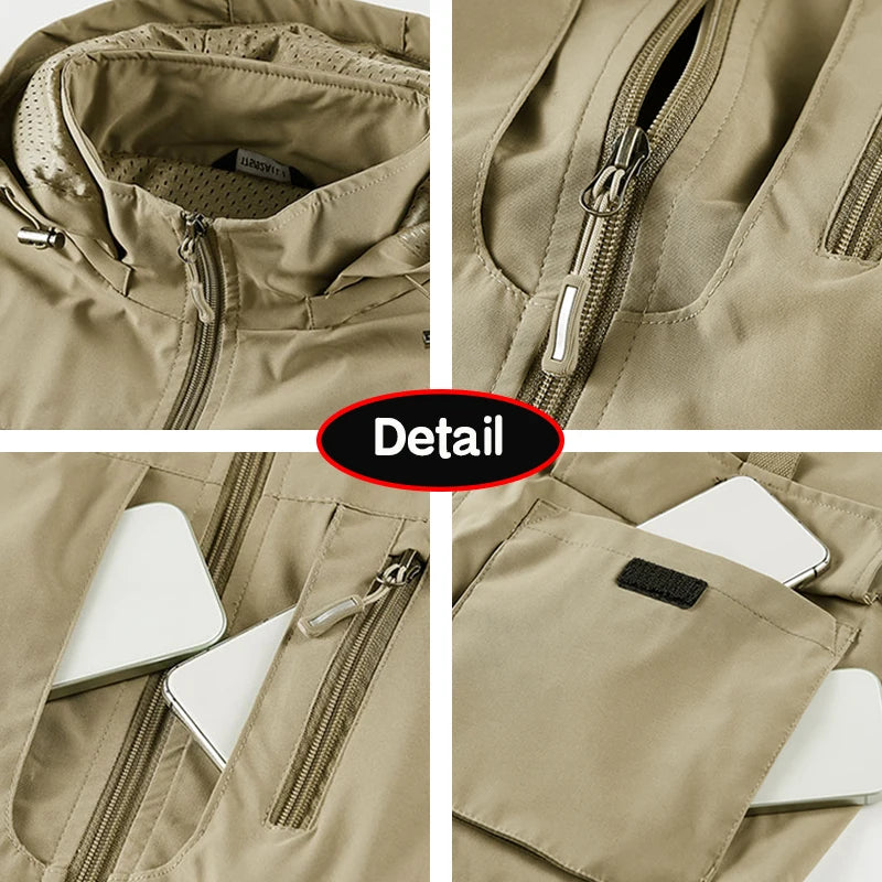 8XL Men Spring Outdoor Leisure Windbreak Removable Hooded Jacket Men Autumn Cargo Pocket Fashion Brand Jacket Coat Male Clothing