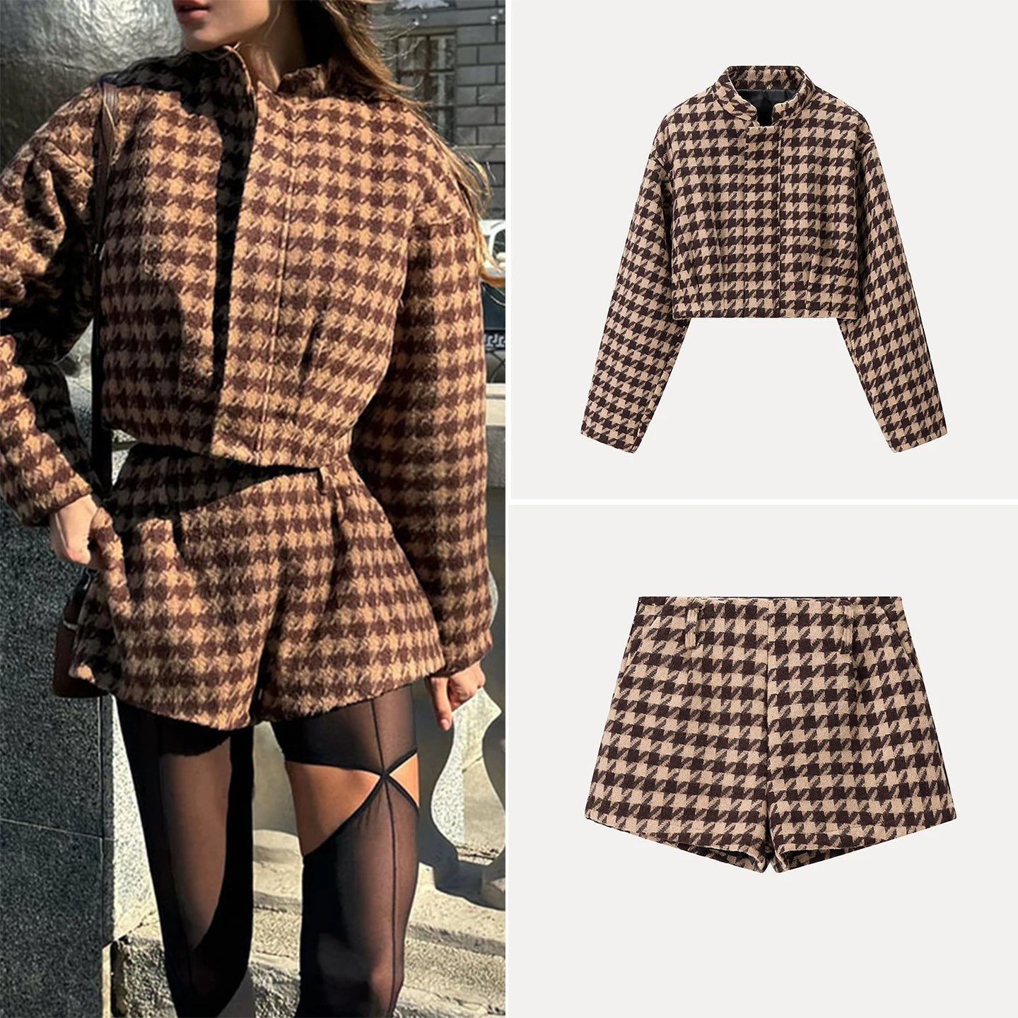 Fashionable Plaid Set 2025 Winter New Women's Personality Class Style Small Fragrance Style Casual Short Sleeve Long Pants