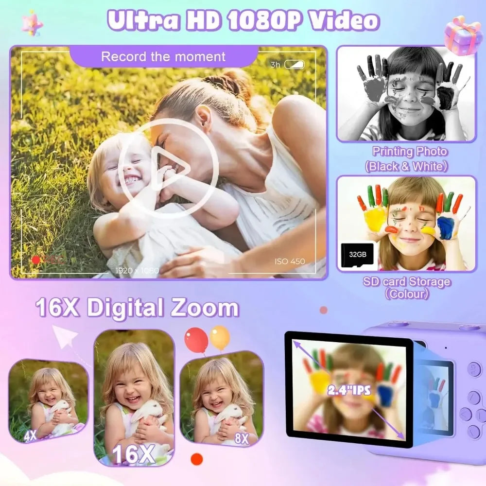 1080P Children Mini Digital Video Camera for Kids Learning Development Educational Thermal Instant Print Camera with 32G Card