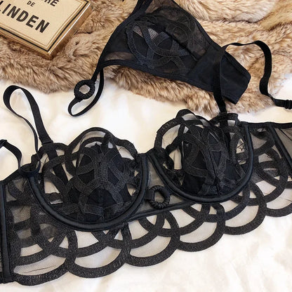 2 Pieces Sexy Women Underwear Set French Lace Ultra-thin Bra Set Summer  Breathable Brassiere Briefs with Thong Female Lingerie