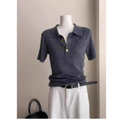 FANAN French Polo Collar Gray Short-sleeved Sweater for Women in Summer Short High-end Style Ice Silk Shoulder T-shirt Top
