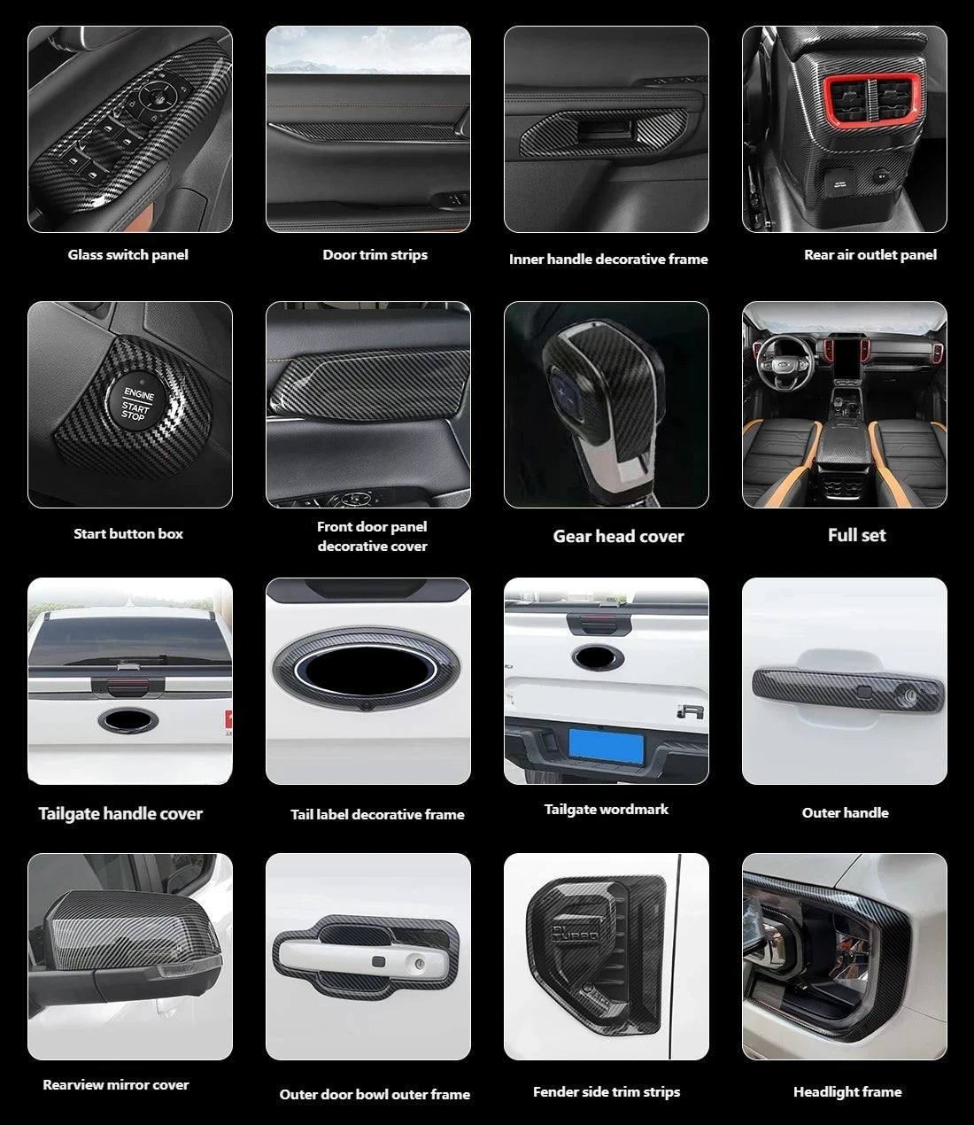 For Ford Ranger P703 T9 XL XLT Wildtrak Raptor 2023-2025 Carbon Fiber Texture Gear Shift Panel Cover Interior Trim Full Set