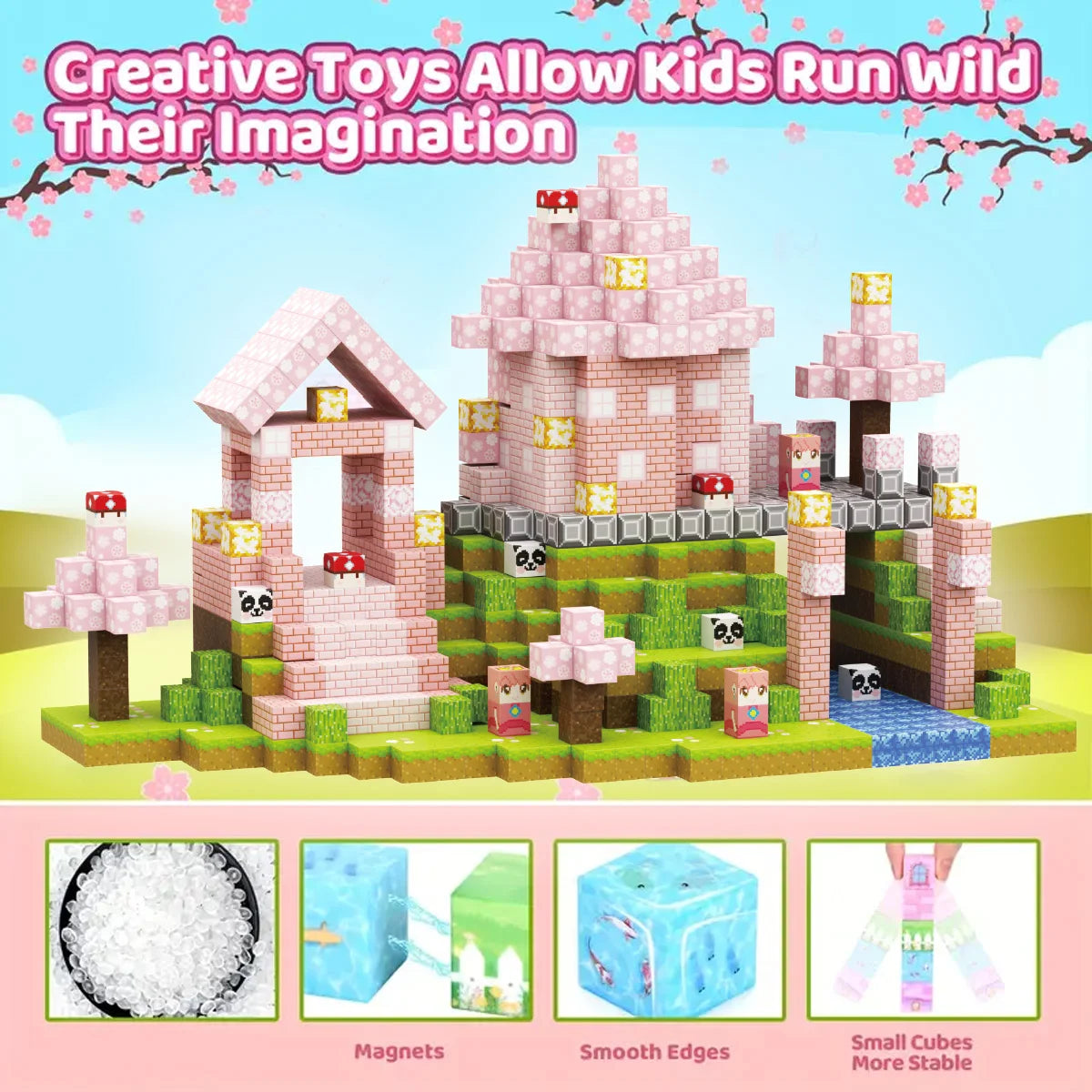 Magnetic Building Block Bricks Toy Pink Girly Mine Stacking World STEM Set Model Set DIY Educational Kids Girls Birthday Gifts