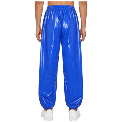 Mens Shiny Y2K Drawstring Jogging Pants Waterproof Elastic Waistband Side Pockets Track Baggy Glossy Pants Hip Hop Trousers