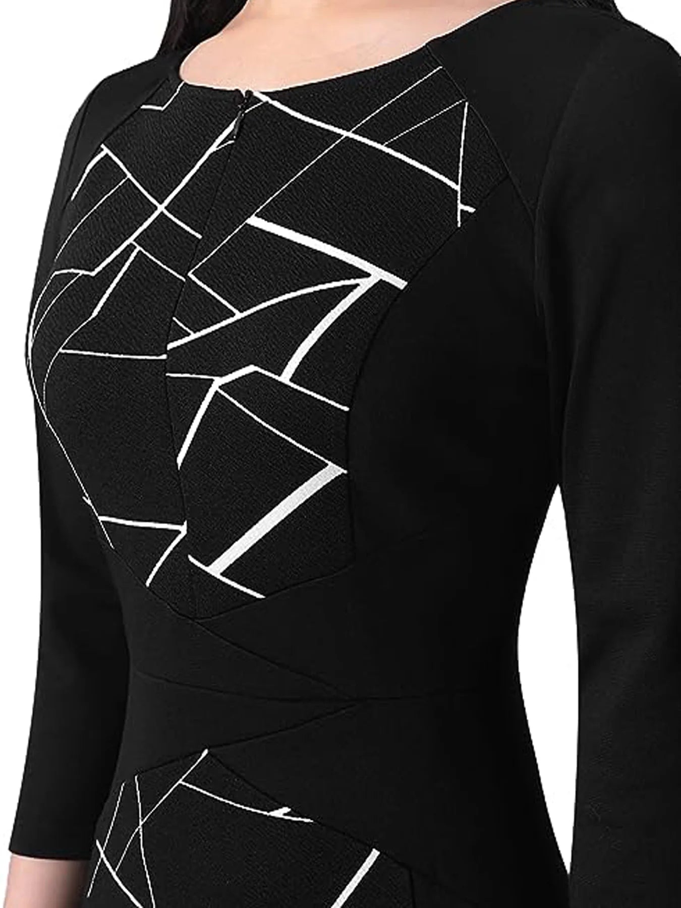 Women Elegant Business V Notch Neck 3/4 Sleeve Autumn Office Work Knee Length Bodycon Dress Geometric Print Patchwork Slim Fit