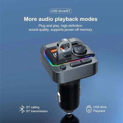 Bluetooth 5.3 Car FM Transmitter with Wireless Microphone MP3 Player Type-C Dual USB Charging Hands-Free Calling TF Card Support