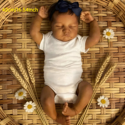 BZDOLL 16.54inch 42cm Asleep Reborn Baby Doll with Soft Cloth Body Toy Lifelike Black Skin Doll Lovely Birthday Gift for Kid