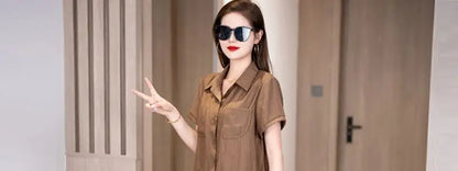 Chic Cotton Linen Two-Piece Set Short Sleeve  Collar Mom Summer Fashion Ensemble for Women over 35 Years Old