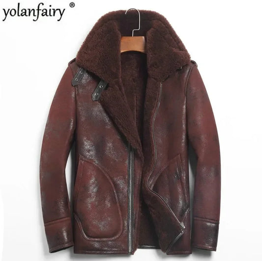 YOLANFAIRY Genuine Leather Jacket Men's Winter Jacket Sheepskin Coat for Men Natural Lamb Fur Bomber Jackets veste 156-1 MY1916
