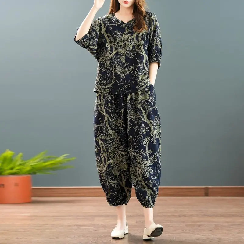 New Summer Floral Print Midi Sleeve Cotton Linen Loose Women's Two-Piece Set Ethnic Style Mom Clothes Comfortable Breathable