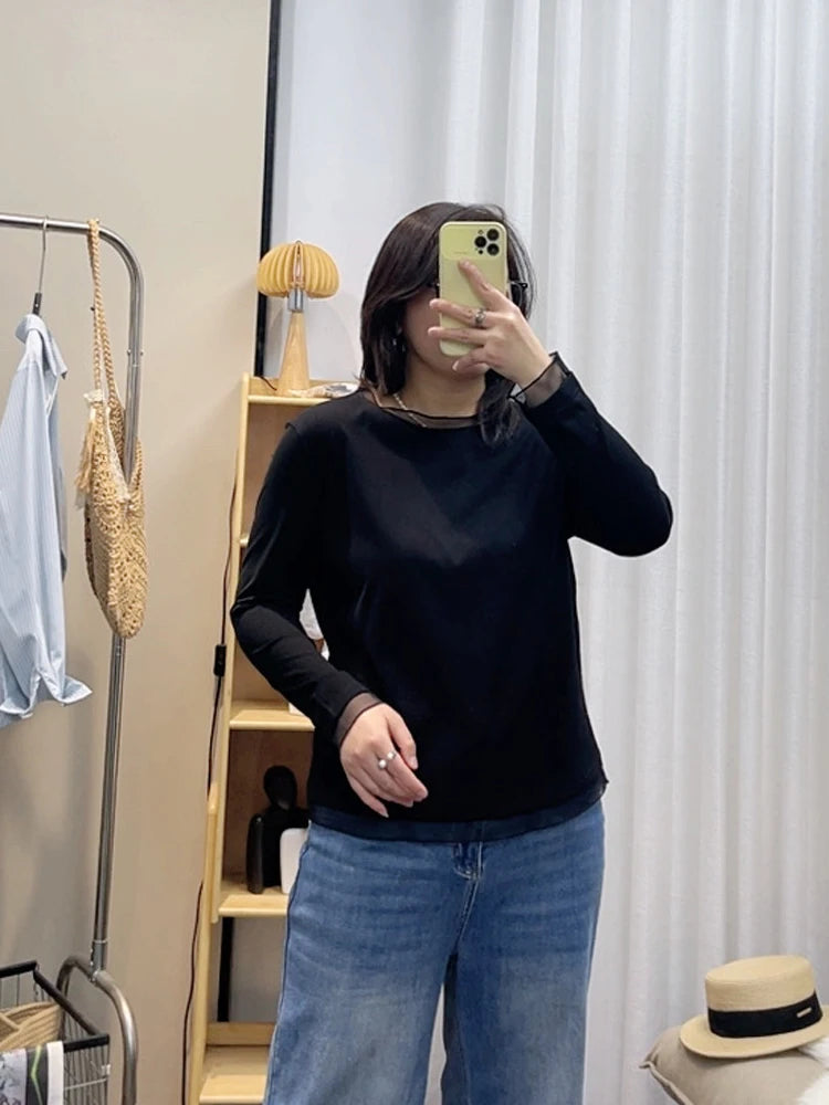 Spring New plus Size round Neck Mesh Splice Loose Long Sleeve Base Shirt Women Fat MM Slimming Belly Cover Simple T-shirt