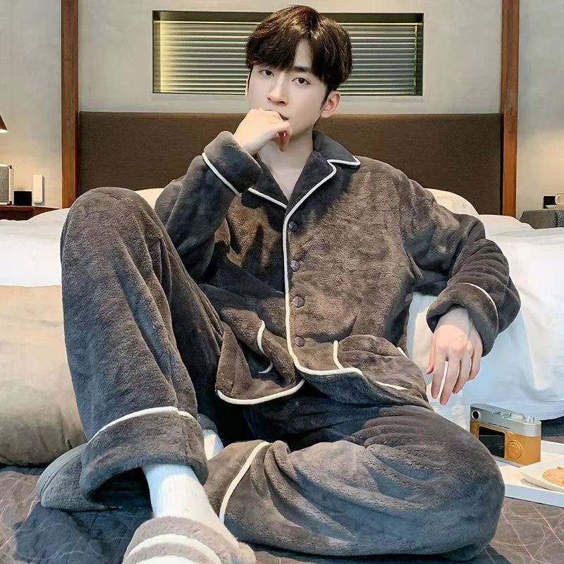 Men's Winter Sleepwear Coral Fleece Thickened Flannel Casual Long Sleeve Pajamas Large Size Home Clothes Chinese Style