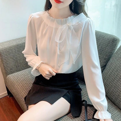 Retro Bow Tie Long Sleeve Shirt Women's Autumn New Design Elegant Top Korean Style Loose Fit round Neck  Color