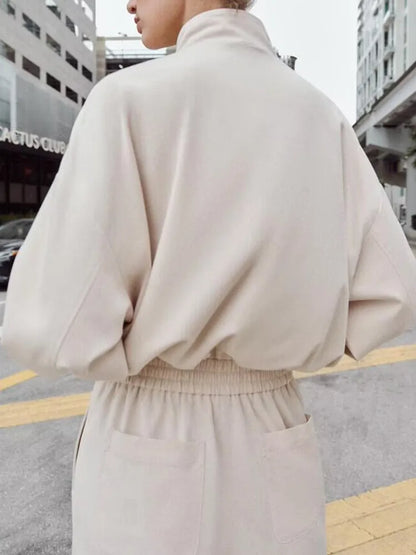 Women's Pilot Jacket Coat High Waist Commute Line Decor Straight Leg Pants Two Piece Set Long Sleeve Stand Collar Jacket