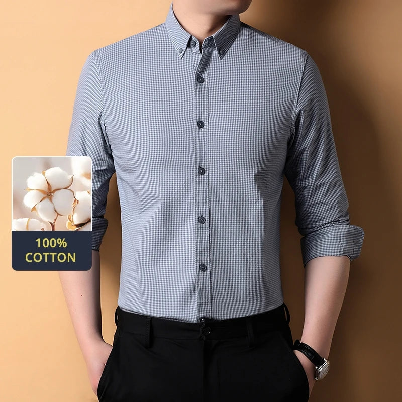 Top Grade 100% Cotton Anti-wrinkle New Fashion Breathable Checkered 2025 Men Shirt Brand Plaid Slim Fit Long Sleeve Casual Tops