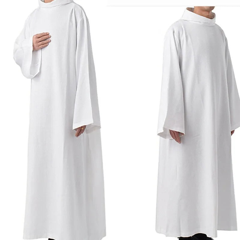 Medieval Priest Robe White Witch Costume Church Party Long Gown Halloween Cosplay Dress for Adult