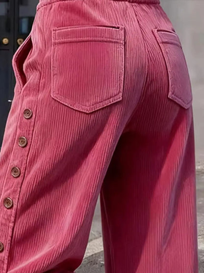Korean Style High Waist Thickened Corduroy Wide Leg Pants Women's Winter New Style Side Button Long Trousers Casual Pants