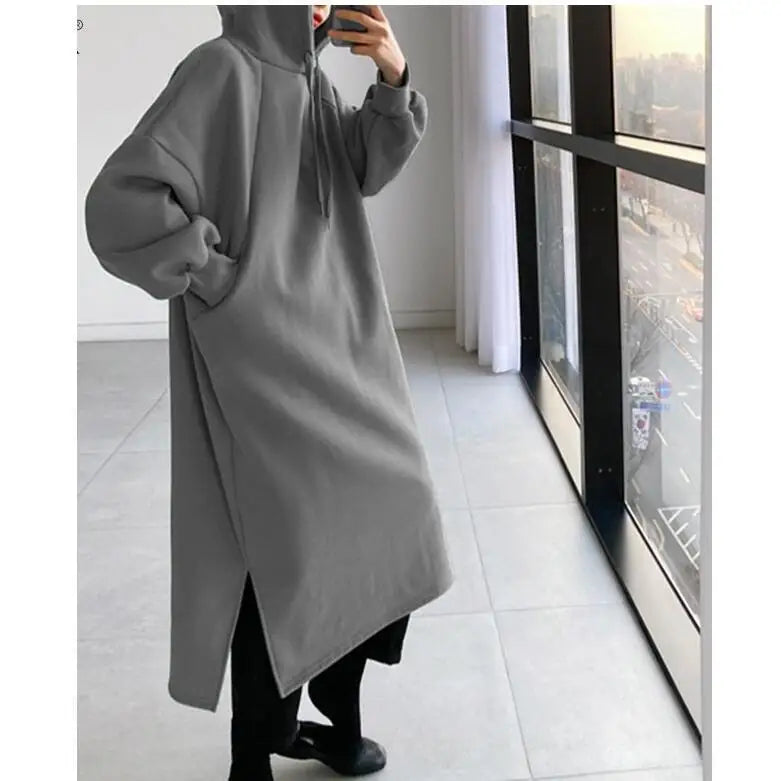 Korean Style Fleece Lined Long Hoodie Dress Women's Thickened Split Slimming Autumn Winter Dress Cotton Polyester Blend