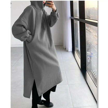 Korean Style Fleece Lined Long Hoodie Dress Women's Thickened Split Slimming Autumn Winter Dress Cotton Polyester Blend