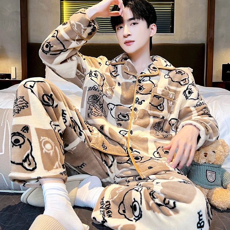 Men's Sleepwear Coral Fleece Flannel Thick Warm Cardigan Home Clothes Autumn Winter Long Sleeve Button up Comfortable Pajamas