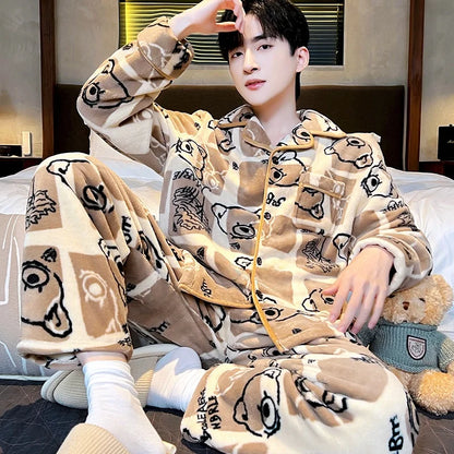 Men's Sleepwear Coral Fleece Flannel Thick Warm Cardigan Home Clothes Autumn Winter Long Sleeve Button up Comfortable Pajamas