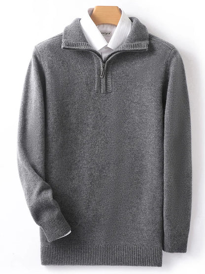 Autumn/Winter New Men's 100% Pure Wool Sweater Business Casual Half Zip Lapel Pullover Thickened Warm Knitted Long Sleeve Jumper