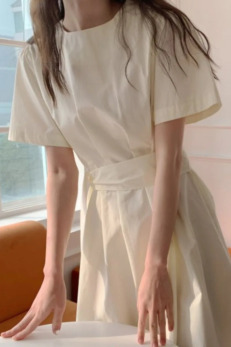 Elegant Pure Color Slim Fit Dress with Belt High Waist Spring Summer Autumn Short Sleeve Casual High Waist Skirt