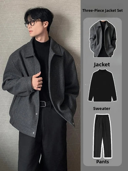 Men's Woolen Jacket Set Casual Autumn Winter Style Youth Long Sleeve Pants Three Piece Suit Elegant Fashionable Men's Wear