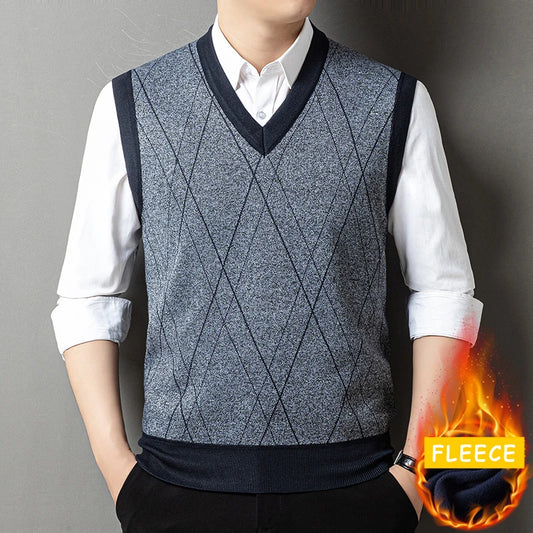 2026 New Men's Fleece Knitted Pullover Vest Spring Autumn Sleeveless V Neck Sweater Vest Button Front Knit Cardigan Vests Men